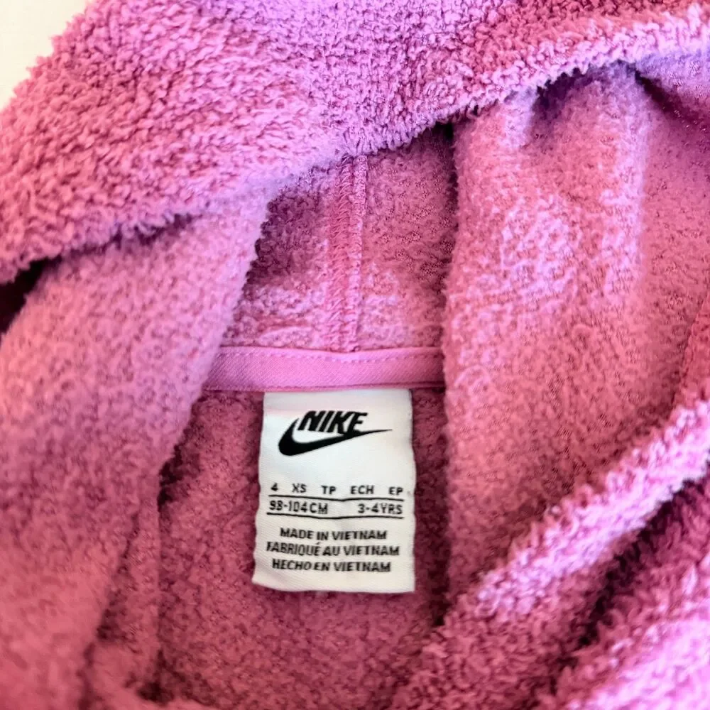 Nike Girls 4 XS Pink Sherpa Fleece Plush Pullover Hoodie Embroidered Spellout